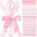 Minatee 25 Sets Pink Plastic Cutlery Set with Twist Tie Bows, Heavy Duty Tableware Disposable Pink Forks Knives and Spoons Silverware Utensils Set for Coquette Birthday Party Table Setting Picnics