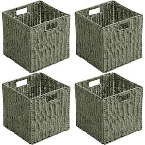 Handwoven Paper Woven Cube Basket Organizer with Handles set of 4 Foldable Storage baskets for Bedroom Living Room Cubby Storage Units for Clothes Books Toys (Green, 13" L x 13" W x 13" H)