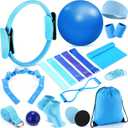 Poen 18 Pcs Home Pilates Ball and Ring Circle Set Yoga Fitness Essentials Kit with 5 Resistance Band Stretching Strap Non Slip Sock Ball Core Slider Wristband Headband Gym Bag for Women (Blue)