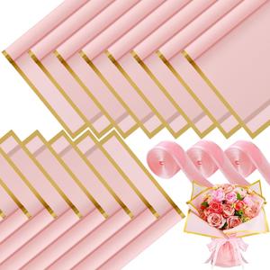Mimorou 60 Sheets Flower Wrapping Paper, Waterproof Floral Bouquet Wrapping Paper Gold Edge Korean Florist Bouquet for DIY Valentine Wedding Birthday Graduation Gift(Pastel Pink)