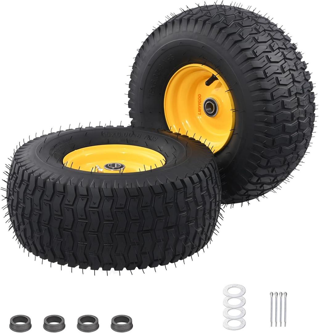 16x6.5-8 Tubeless Tire and Wheel,2 Pcs Replacement Riding Lawn Mower Garden Tractor Front Wheel Tire and Wheel with 3" Offset Hub, 3/4" Bearing or 1" Bore Bushing