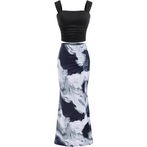 Women's 2 Piece Going Out Outfits Elegant Ruched Crop Top and Tie Dye Fishtail Maxi Skirt Set