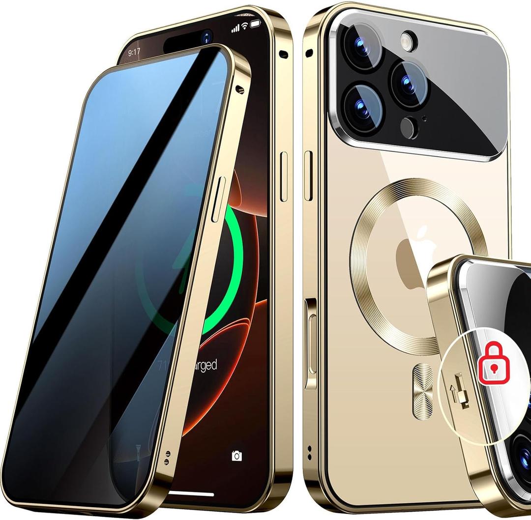 [Full Camera Protection& Mechanical Lock]Magnetic Privacy Case for iPhone 16 Pro Max[Compatible with MagSafe] [CD Metal Ring]Full Body Shockproof Metal Bumper, 9H Anti Peeping Glass Cover-Gold