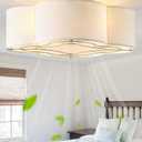 Caged Ceiling Fan with Light, Rattan Flush Mount Ceiling Fans with Lights Remote Control, Low Profile Fabric Enclosed with 6 Speeds for Bedroom, Living Room, Foyer, Nursery (White)