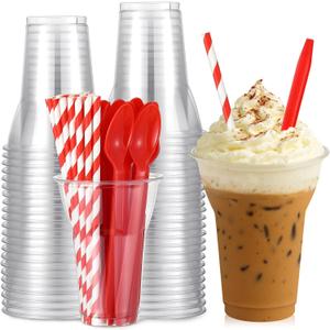 Baderke 25 Sets Plastic Parfait Cups with Red Plastic Soda Spoons and Paper Straws Disposable Root Beer Float Cups Clear Milkshake Mugs for Ice Cream Sundae Yogurt Party Drinks (12oz)