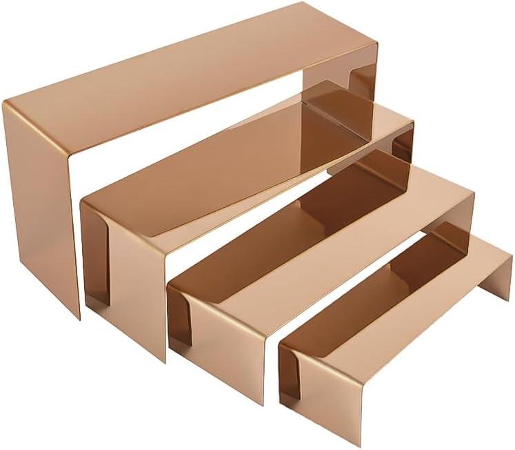 PROFIKLA 4 Pcs Stainless Steel Display Risers, Display Stand for Cupcake Dessert Perfume Purse Handbag Shoe and Funko Pop, Rose Gold