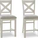 Signature Design by Ashley Robbinsdale Farmhouse Upholstered Barstool, Set of 2, X-Back, Nailhead Trim, Wood, 24.75" H, White & Light Gray