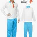 Apragaz Adult Halloween Costume for Men – White Long-Sleeve Shirt, Blue Pants, Orange Ascot Mens Blonde Wig Wig Cap, Size M
