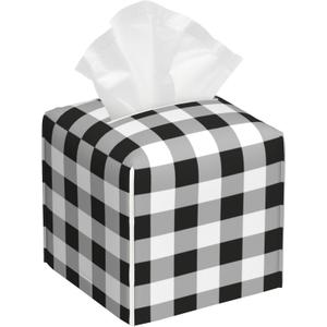 Tissue Box Cover Square, Black Grey White Buffalo Plaid Checkered Leather Tissue Box Cover Decorative Facial Paper Organizer Dispenser for Bathroom Kitchen Bedroom Vanity Countertop Night Stands (Color11)