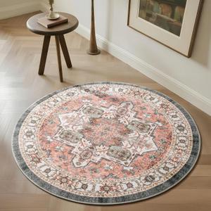 Carvapet Round Rugs, 36 inch/91 cm Vintage Circle Rug, Washable Non Slip Rubber Backing Foldable Low Pile for Living Room Bedroom, 3 ft Dark Pink Rug