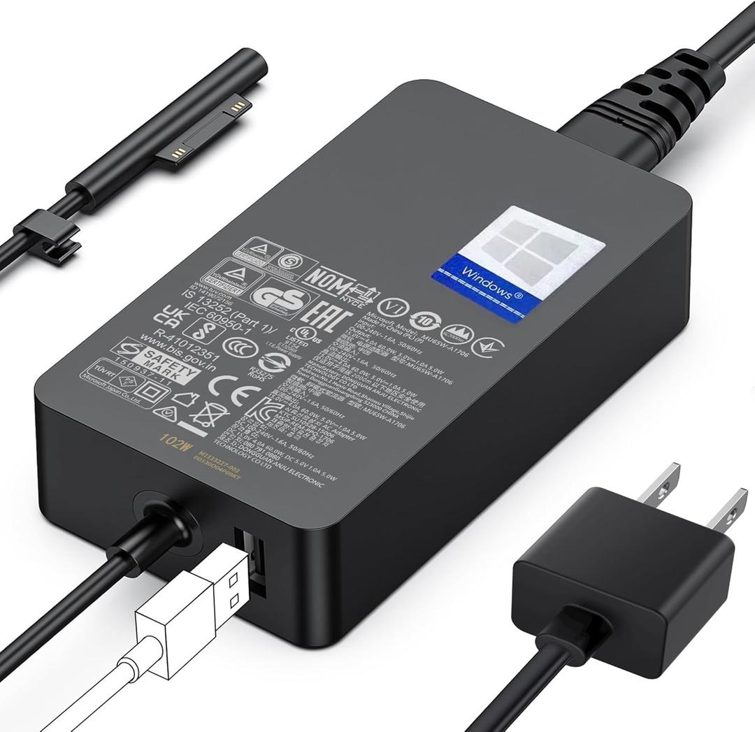 102W Surface Charger, UL Listed Microsoft Surface Charger for Surface Book 1/2/3, Surface Laptop Studio, Surface Pro 3/4/5/6/7/7+/8/9/10/11, Surface Laptop 1/2/3/4/5/6/7, Surface Go, Surface LaptopGo