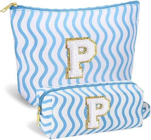 SEFORICO Initial Makeup Bag - Cute Makeup Bag Girl Makeup Bag, Personalized Gifts Teen Girl Gifts Toiletry Bag Cosmetic Travel Bag Makeup Bags Daughter Gifts Mom Gift Birthday Gifts for Women (Blue P)