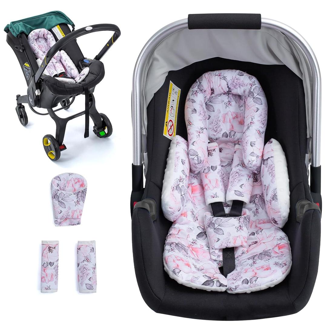Infant Car Seat Insert, Ultra-Thick Carseat Head & Body Support for Infant, Adjustable Baby Car Seat Head Support with Strap Covers Set, Breathable Baby Car Seat Cushion for Stroller, Swing (Flower)