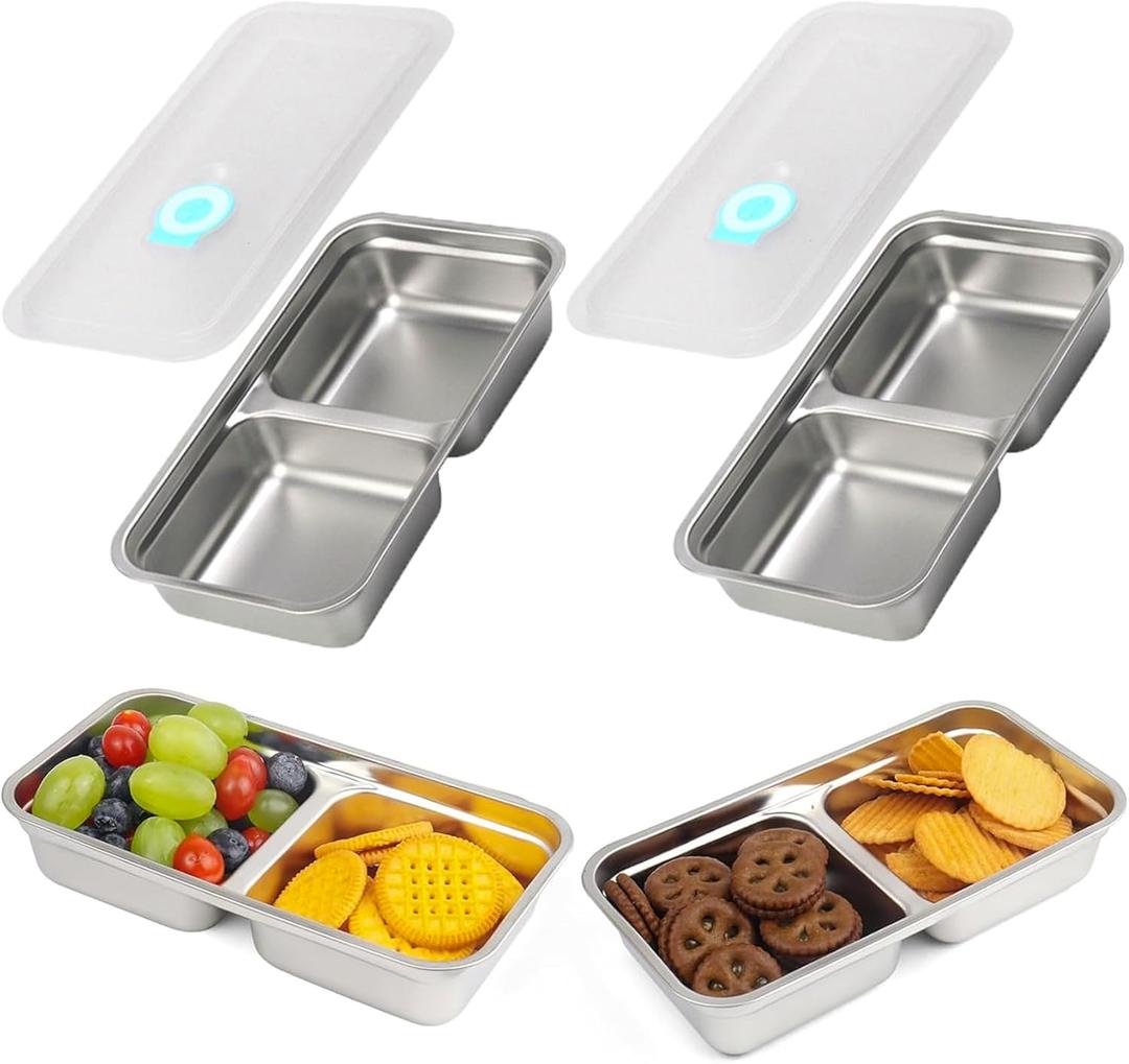Grab and Go Snack Containers, Stainless Steel Double Compartment Snack Containers with Lids, Reusable Condiment Container-Dishwasher Safe,Travel & Outdoor Camping Food Storage(2 PCS)