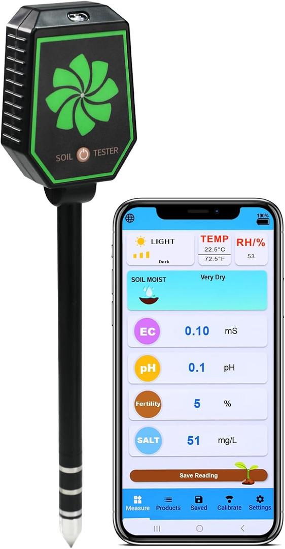 8-in-1 Bluetooth Soil Meter for pH, EC, Moisture, Fertility, Temperature, Light, and Humidity Monitoring with Real-Time App Control, Data Logging, and Precise Calibration for Plant Care