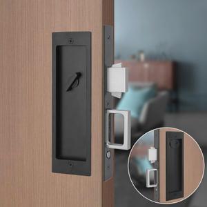 Modern Pocket Door Hardware Set - Privacy Lock with Finger Flush Pulls & Soft Close, for Sliding Barn Doors, Pocket Doors, Bedroom (Black, Entrance)
