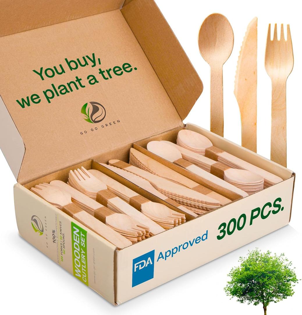 100% Compostable Cutlery Set - 300 Pieces Wooden Compostable Utensils [120 Forks, 90 Knives, 90 Spoons] - Disposable Wooden Cutlery, Eco Friendly Forks And Spoons Disposable Cutlery Set Party Utensils