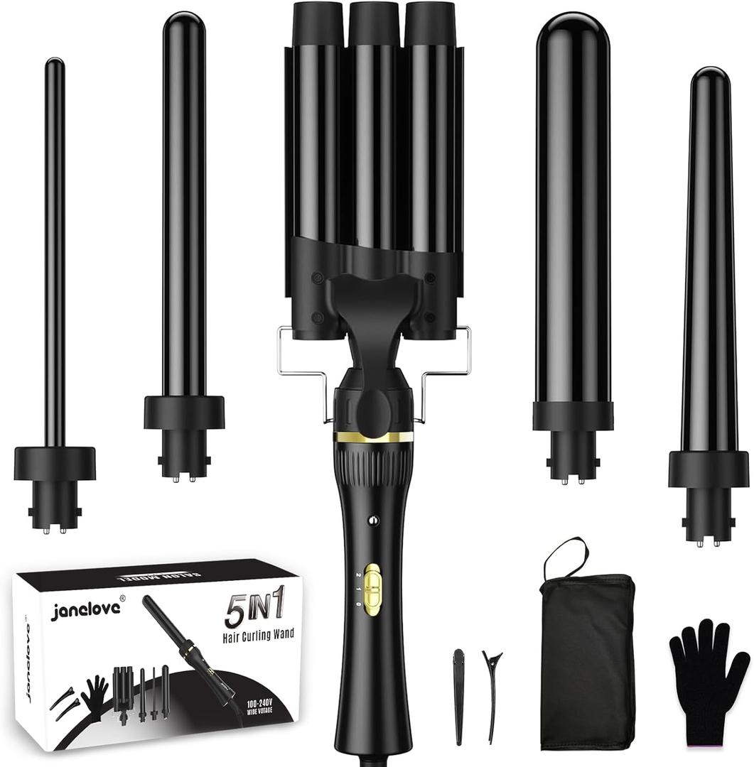 5 in 1 Wand Curling Iron, janelove Hair Curling Wand Set with 3 Barrel Hair Crimper and 4 Interchangeable Ceramic Curling Irons (0.39 "-1.25"), 2 Temps Fast Heat Hair Waver Curler for All Hair Type