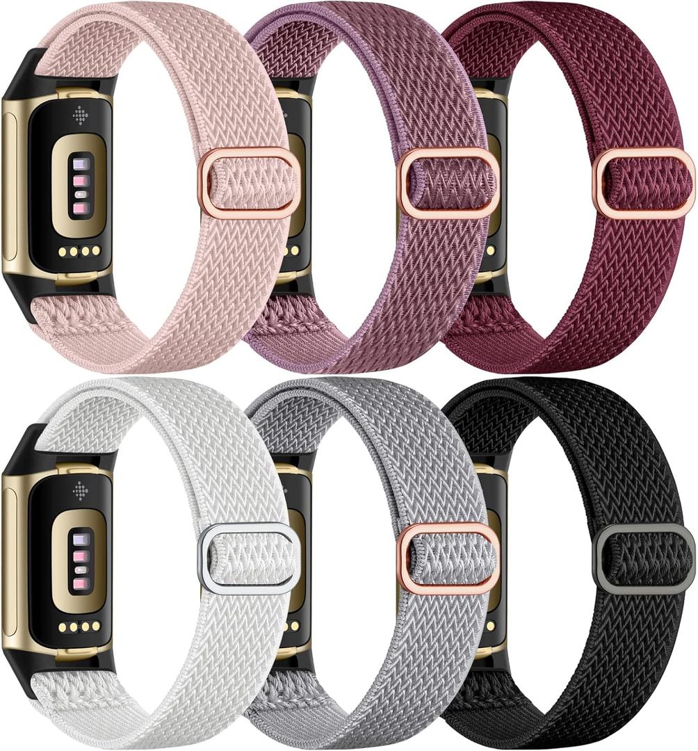 Maledan 6 Pack Stretchy Solo Loop Compatible with Fitbit Charge 5 Bands/Fitbit Charge 6 Bands for Women Men, Soft Nylon Adjustable Sport Elastic Wristbands Replacement Strap for Fitbit Charge 5/6 (Black/Rose Pink/White/Light Gray/Wine Red/Smokey Mauve)