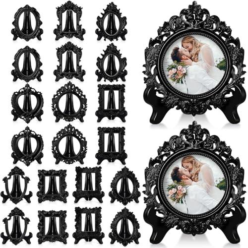 Tatuo 20 Sets Mini Picture Frames and Display Stands Vintage Resin Picture Frame Resin Holder for Home Office Bedroom Living Room Wedding Decor (Black)