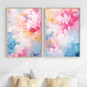 Pink Blue Abstract Painting Colorful Flower Canvas Wall Art Bright Color Pictures Pastel Pink Posters Colorful Abstract Art Prints Pink Blue and White Wall Art Multicolor Artwork 16x24inx2 No Frame