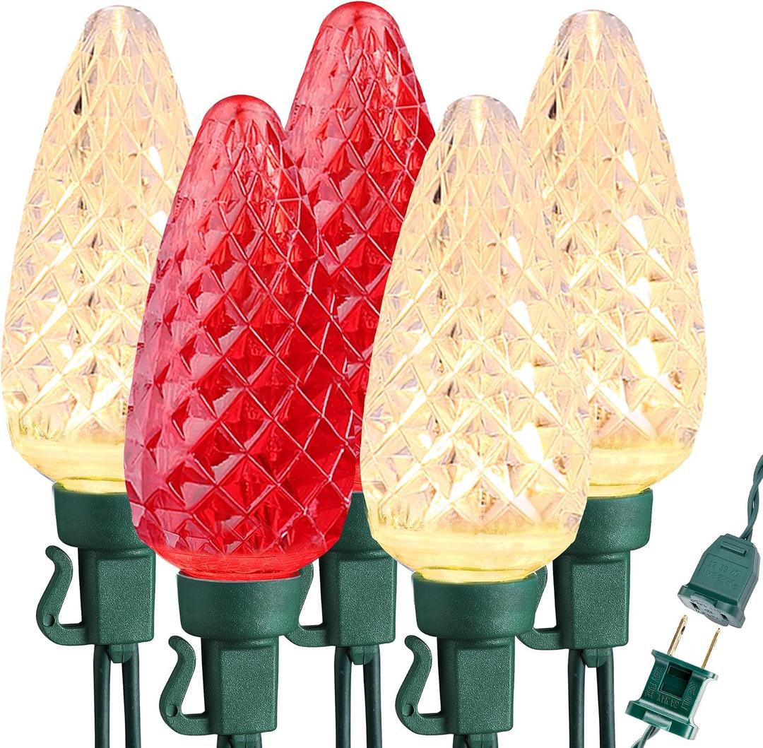 Brizled Red & Warm White Christmas Lights, 66ft 100 LED C9 Christmas Lights, Connectable Outdoor Faceted Strawberry Light String, 120V UL Certified Indoor Xmas Tree Light for Home Holiday Party Decor
