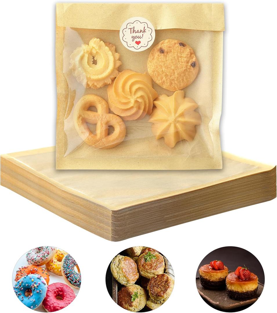 100 PCS Cookie Packaging Bags with Seal, JINLIFA 5.7x6.5 Inch Baked Goods Packaging with Window, Heat Sealable & Grease Resistant Individual Cookie Bags Sleeves for Brownie, Donut, Treat, Cake Scone