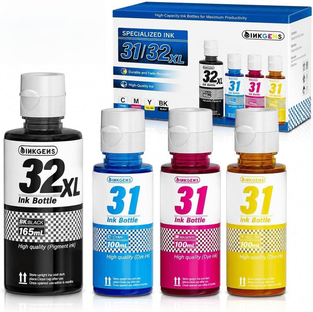 31 32XL Ink Bottle Set Refill for HP Smart Tank 7600 7602 7300 7301 7001, 5000 5101 5102, 6000 6001 651 551 Printer. Black CMY