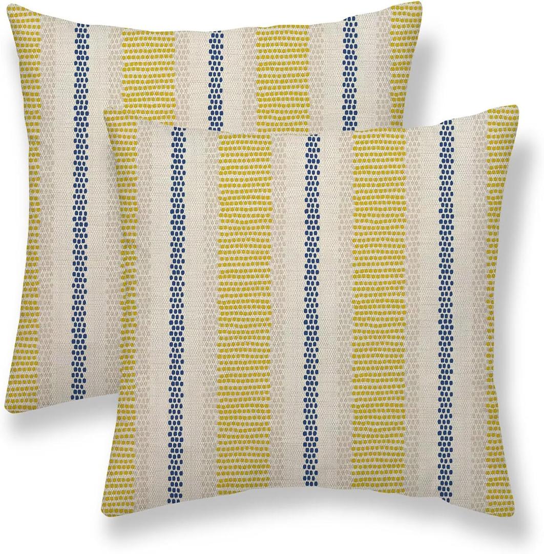 Blue Yellow Pillow Covers 24 x 24 Inch Set of 2 Boho Polka Dot Striped Decorative Outdoor Throw Pillow Covers Linen Summer Farmhouse Modern Pillowcase for Home Sofa Couch Decor