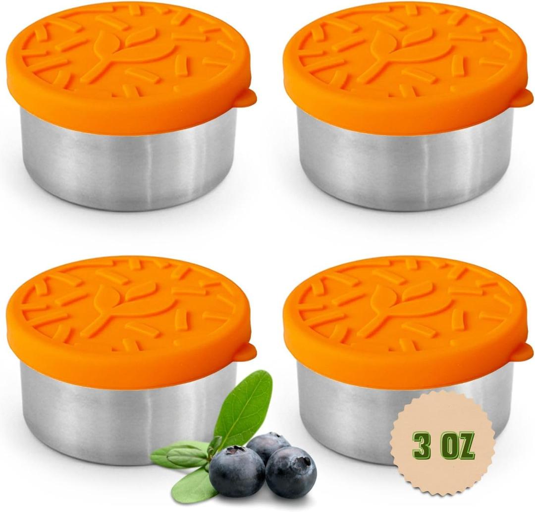 TAVVA 4 X 3 oz Food Storage Containers with Lids - Leakproof w/Silicone Lids - BPA Free - Dishwasher & Freezer Safe - Portable & Reusable - Small Stainless Steel Snack Cups Dressing Containers