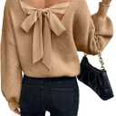 V Neck Sweaters Woman,Off The Shoulder Sweater Top,Fitted Long Sleeve Shirt Women,Tie Back Sweater,Knit Sweater (X-Large, Brown)