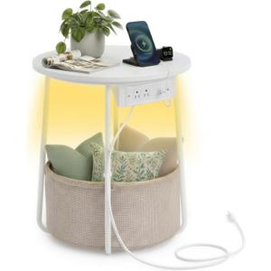 VASAGLE LILEA Collection - Side Table with Charging Station, Round End Table with Fabric Basket, LED Nightstand with USB Ports, Modern, for Living Room, Matte White and Camel Brown ULET227W01, With LED light