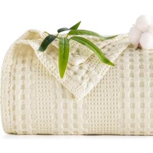 PHF Cooling Waffle Blanket Queen Size, Lightweight 60% Rayon Derived from Bamboo & 40% Cotton Breathable Blanket for Hot Sleepers, Soft and Luxury for Bed Couch and Sofa, 90"x90", Ivory