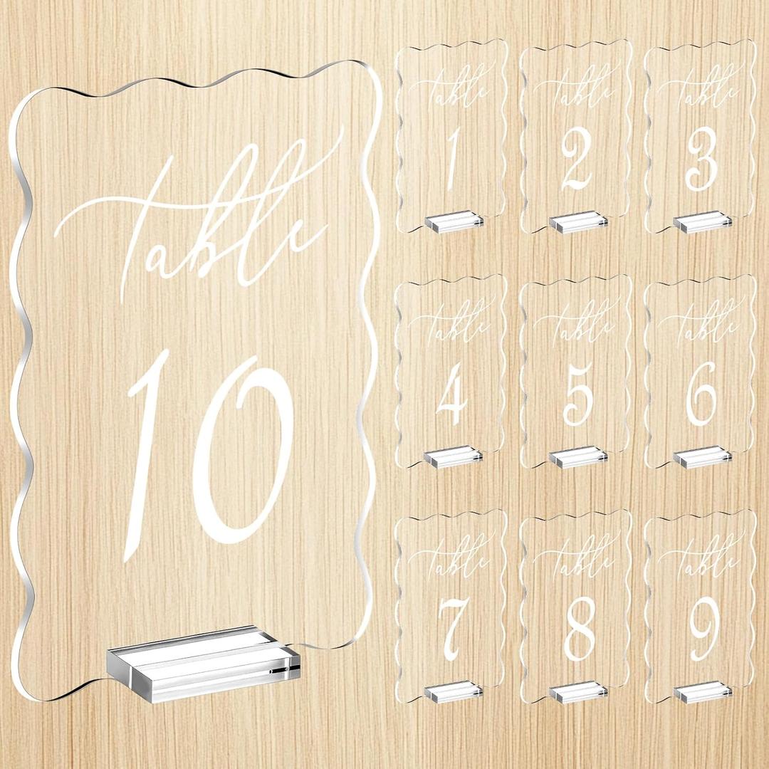Vicenpal 10 Pcs Wedding Scalloped Acrylic Clear Table Numbers 5x7 Inch Acrylic Table Numbers 1-10 with Stand for Weddings Centerpieces Receptions Parties Events Decor