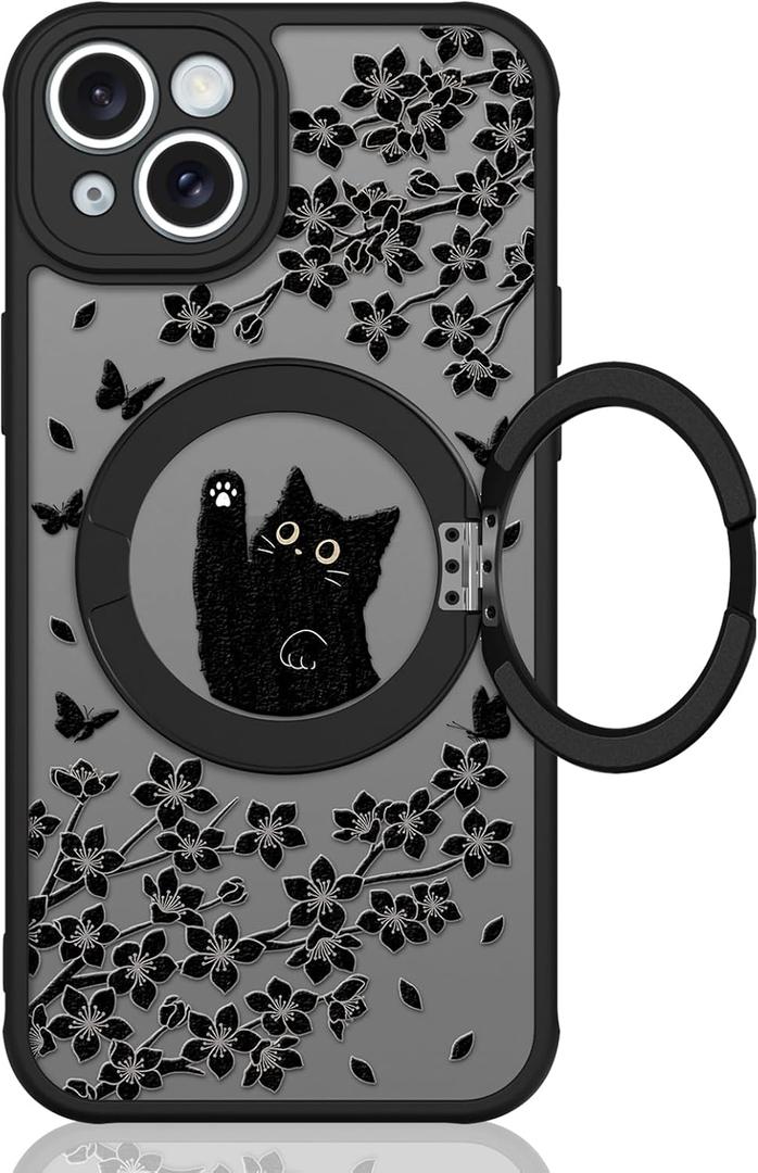 Cute Case for iPhone 15 Case with Stand [ Compatible with MagSafe ] Kawaii Black Cat & Floral & Butterflies Pattern Design 360 Magnetic Ring Kickstand Phone Cover for Women Girls Boys