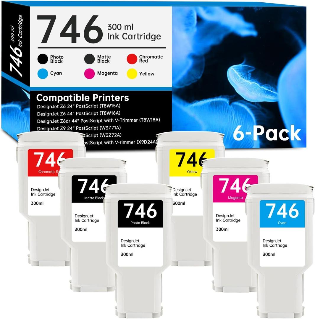 746 Ink Cartridge 300-ml Set with New Chip Replacement for HP 746 Ink Cartridge P2V83A P2V82A P2V81A P2V80A P2V79A P2V78A for DesignJet Z6 & Z9+ Large Format Printer, 6-Pack 746 High Capacity Ink Kit
