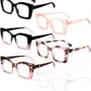 REAVEE 6 Pack Oversized Square Reading Glasses for Women, Blue Light Blocking Large Frame Computer Designer Fashion Readers Spring Hinge with Leather Case, 1.5