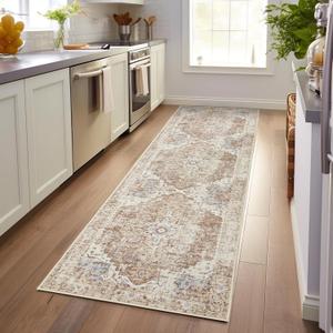 jinchan Runner Rug 3'x8' Vintage Hallway Rug Kitchen Washable Runner Retro Floor Cover Lightweight Non-Slip Low Pile Thin Distressed Carpet for Entryway Bathroom Laundry Room Bedroom Stairway Brick Red