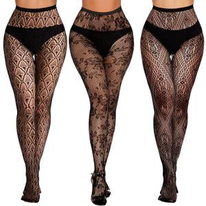 Buauty Lace Patterned Fishnet Tights for Women Black Fishnets Leggings Lace Tights (One Size, Black*3-1)