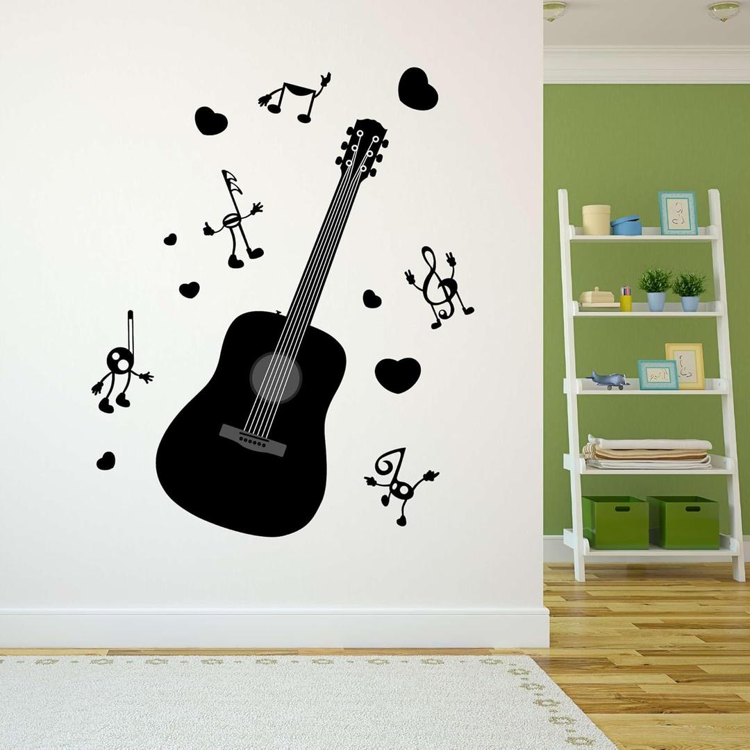 Design With Vinyl Music Wall Decal Guitar and Music Notes Silhouette on White Background Removable - Size: 32 in x 40 in (Black)