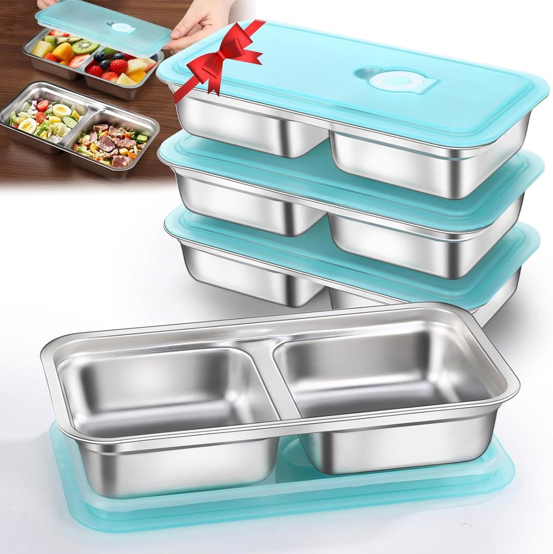 4 Pack Stainless Steel Snack Containers Reusable, Grab and Go 2 Compartment Food Storage Meal Prep Containers with Lids Stackable for Travel Camping School Lunch, Gifts for Gym Home Cooks