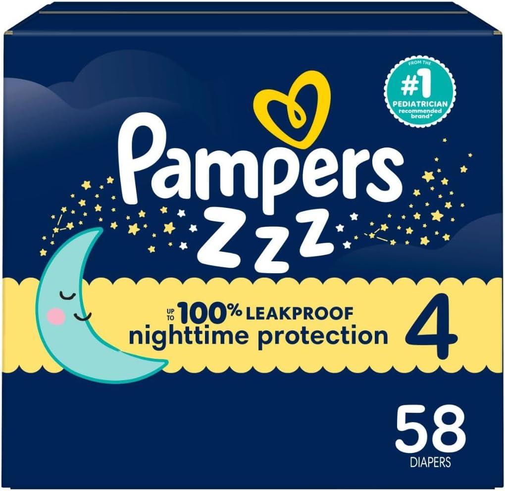 Pampers ZZZ Overnight Diapers, Size 4 (22-37 lbs), 58 Count, Nighttime Protection Disposable Baby Diaper, Night Time Leak and Skin Protection