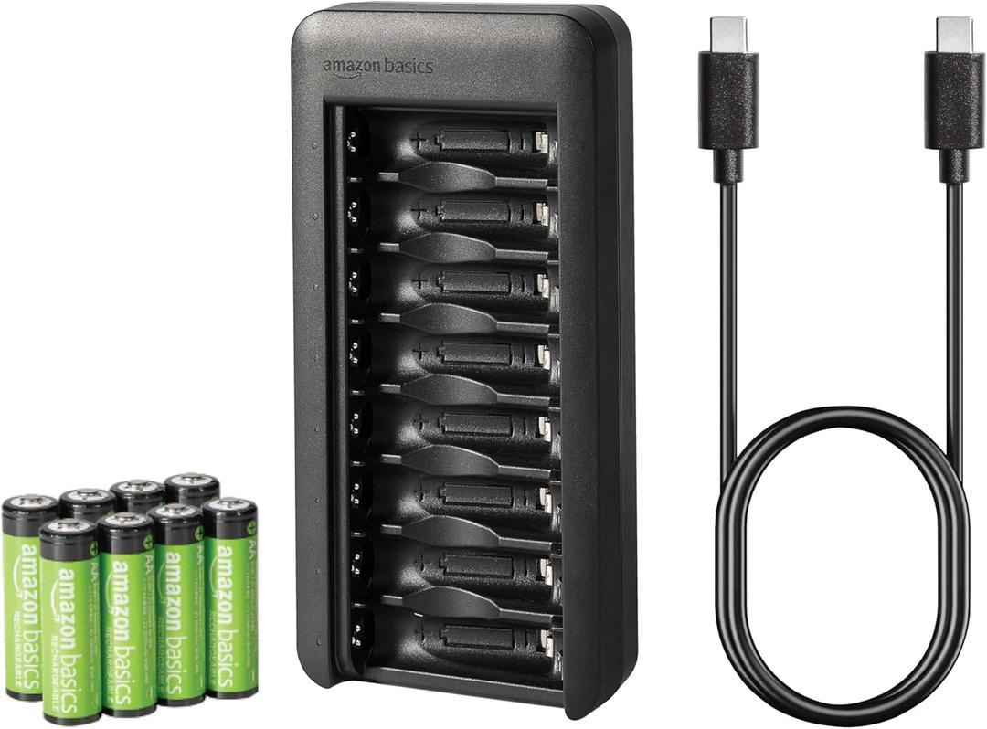 Amazon Basics Rechargeable AA NiMh Batteries with 8-Bay Battery Charger, USB-C Port, No AC Power Adapter, 8 Count (1 Pack), Black