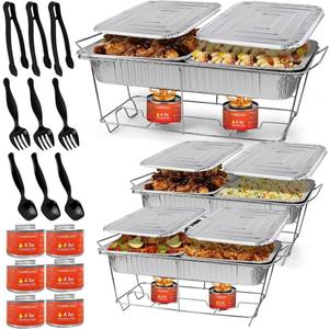 Disposable Chafing Dish Buffet Set, 33 Piece of Chafing Servers with Food Warmers, Covers, Half-Size Food Pans, Water Trays, Serving Utensils, Foil Lids and 4Hr Fuel Cans for Parties, Catering