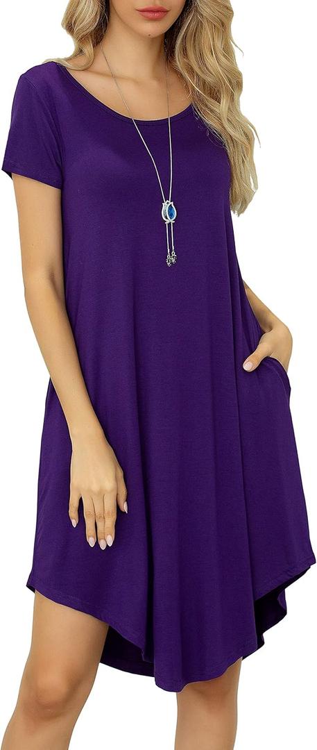 Women Casual Loose Soft Crewneck Short Sleeve Pockets Swing T-Shirt Dress (Small, Round Hem Purple)