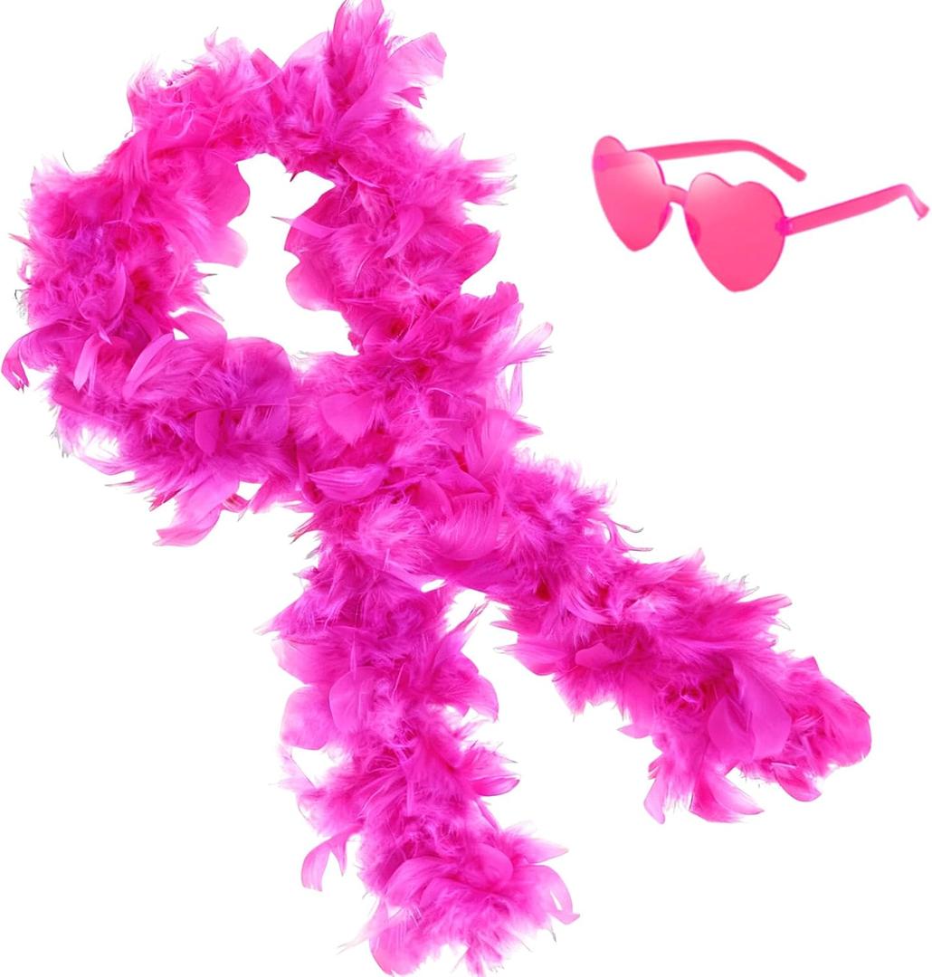 Feather Boa with Heart Rimless Sunglasses,4 ft Feather Boa for Bachelor Party Halloween Christmas Costume Accessory (Hot Pink)