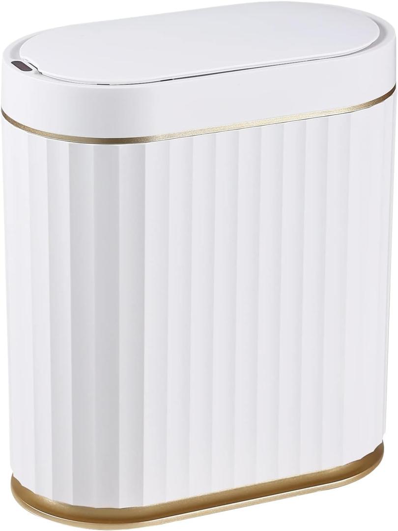ELPHECO Automatic Motion Sensor Trash Can - 2 Gallon Slimline for Bathroom, Bedroom, Kitchen, Office - White with Gold Trim (2 Gallon, Golden)