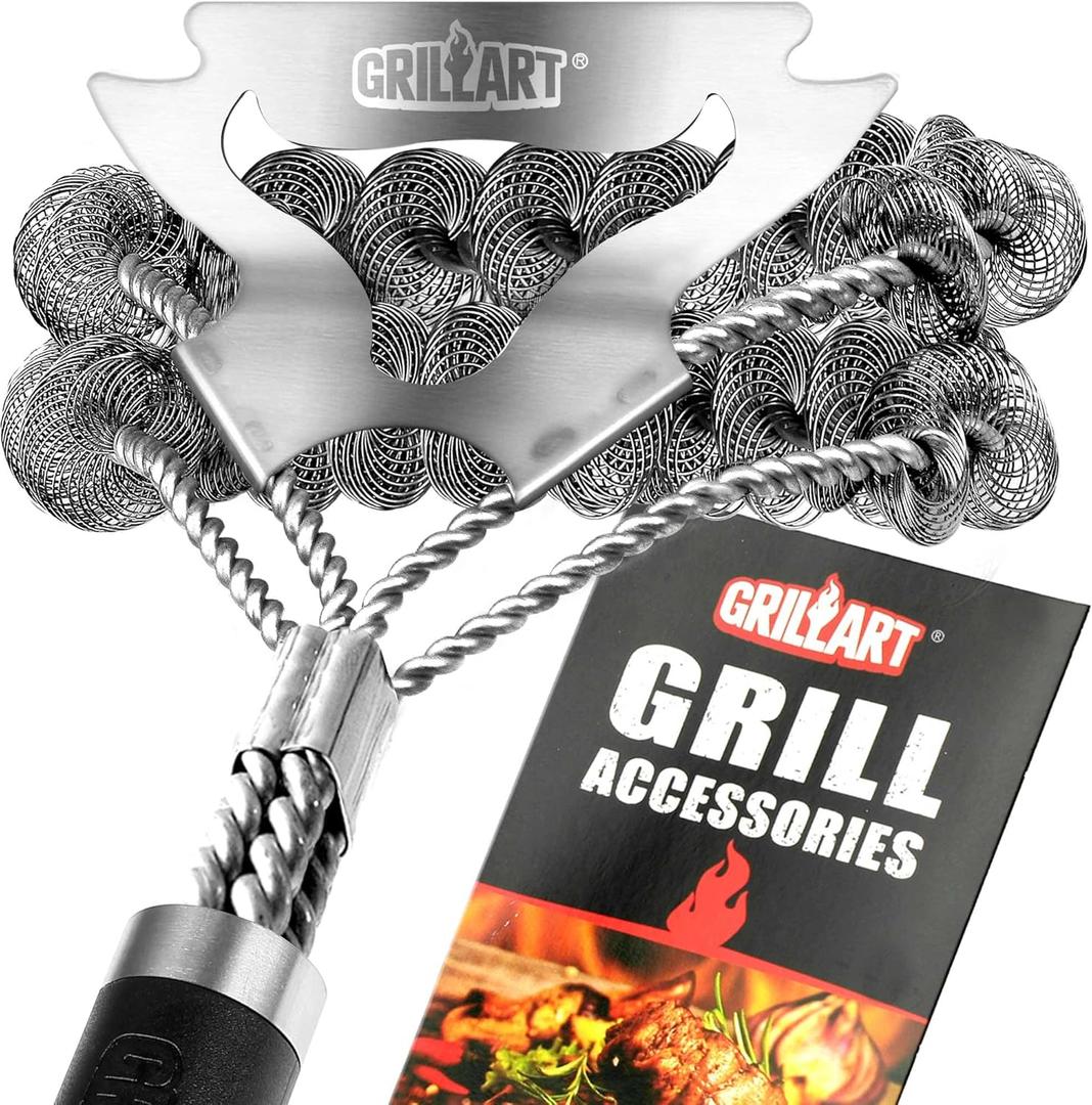 GRILLART Grill Brush for Outdoor Grill Bristle Free - Safe BBQ Grill Cleaner Brush - 18" BBQ Brush for Grill Cleaning Kit -Stainless Grill Cleaning Brush BBQ Grill Accessories Tools- Gifts for Men Dad (Silver)