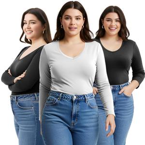 Emmalise Women's Junior and Plus Size Vneck Tshirt Long Sleeves Shirt Tee (Black, M)
