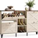 LINSY Shoe Storage Cabinet, Large Shoe Cabinet with Flip Drawers, Farmhouse Shoe Rack Cabinets for Boots, Wood Hidden Shoes Storage Organizer for Entryway, Front Door, Hallway, Washed White